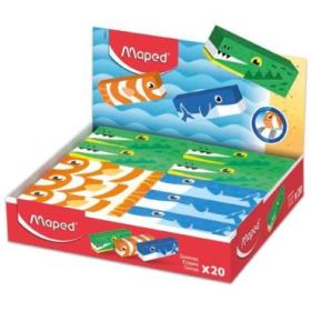 Maped Expositor de 20 Gomas de Borrar con 3 Diseños de Animales - Forma Rectangular - Sin Ftalatos - Colores Surtidos