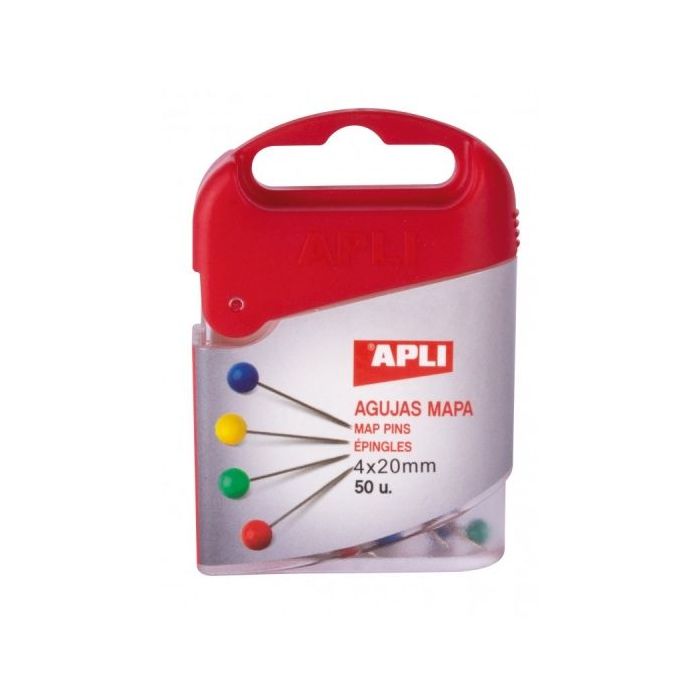 Apli Caja de 50 Agujas de Mapa - Cabeza de Plastico - Punta Metalica - Ideal para Mapas, Corcho y Manualidades - Colores Surtido