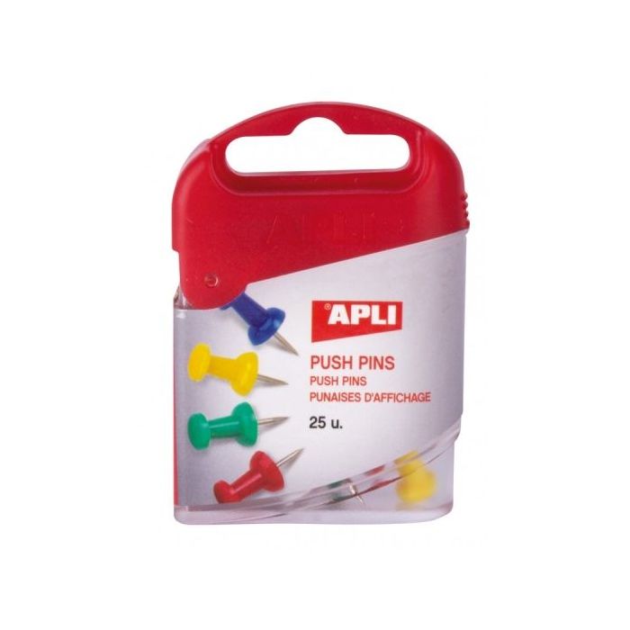 Apli Caja de 25 Agujas Push Pins - Cabeza Plastica - Punta Metalica - Ideal para Mapas, Corcho, Madera y Manualidades - Colores