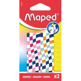 Maped Pack de 2 Gomas de Borrar con 3 Diseños Damero - Forma Rectangular - Sin Ftalatos - Colores Surtidos
