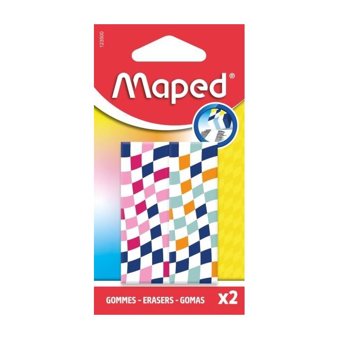 Maped Pack de 2 Gomas de Borrar con 3 Diseños Damero - Forma Rectangular - Sin Ftalatos - Colores Surtidos
