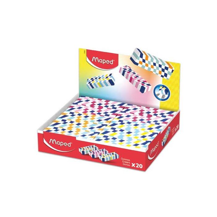 Maped Expositor de 20 Gomas de Borrar con 3 Diseños Damero - Forma Rectangular - Sin Ftalatos - Colores Surtidos