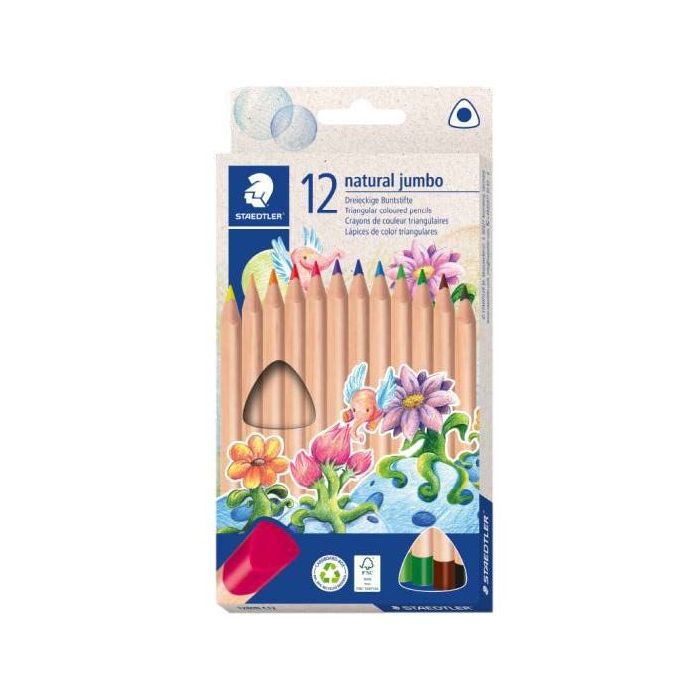 Staedtler Noris Natural Jumbo Pack con 12 Lapices de Colores Triangulares - Mina de 4mm - Madera Certificada FSC - Cuerpo de Col
