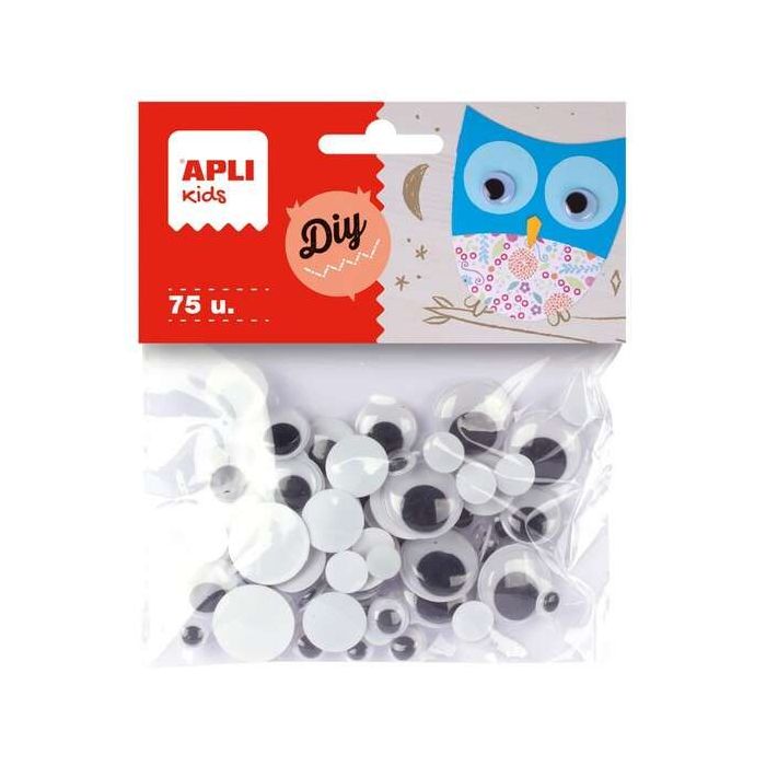 Apli Pack de 75 Ojos Moviles Redondos - Medidas Surtidas Ø 8 mm, Ø 10 mm, Ø 16 mm y Ø 20 mm - Color Negro
