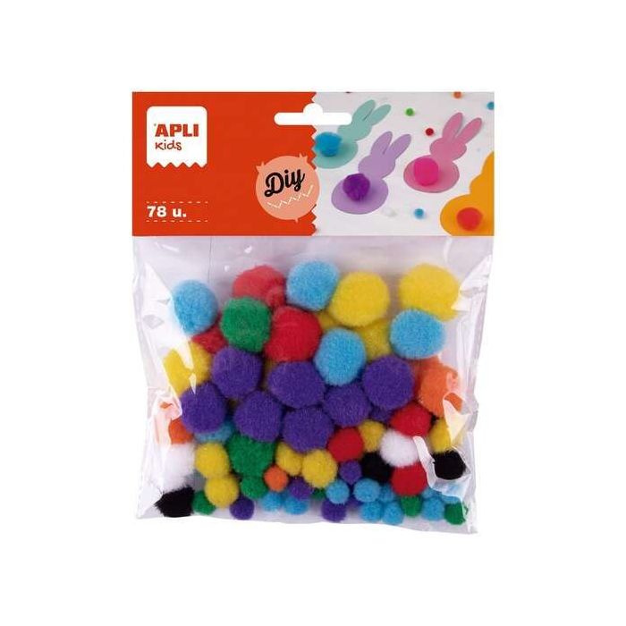 Apli Pack de 78 pompones medidas surtidas: Ø 8 mm, Ø 10 mm, Ø 12 mm, Ø 15 mm y Ø 20 mm — colores surtidos
