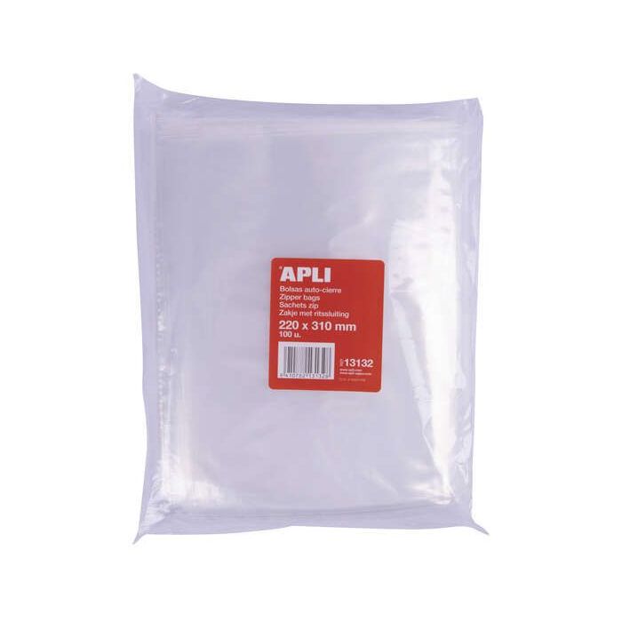 Apli Pack de 100 Bolsas Zip Auto Cierre Transparentes 220x310mm - Material LDPE - Cierre Seguro y Facil Manipulacion - Aptas par