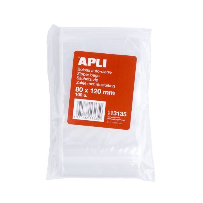 Apli Pack de 100 Bolsas Autocierre 80x120mm - Cierre Seguro - Aptas para Alimentos