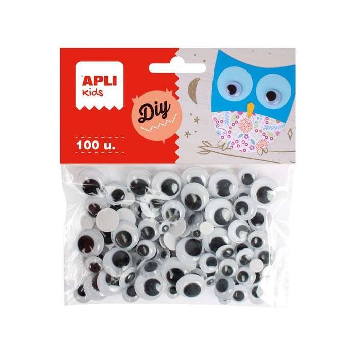 Apli Pack de 100 Ojos Moviles Redondos Adhesivos - Medidas Surtidas Ø 7 mm, Ø 10 mm, Ø 12 mm y Ø 15 mm - Color Negro