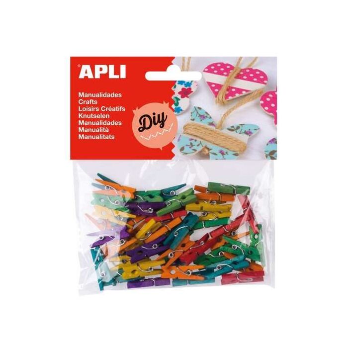 Apli Pack de 45 Mini Pinzas de Madera Natural 25 x 3 mm - Colores Surtidos