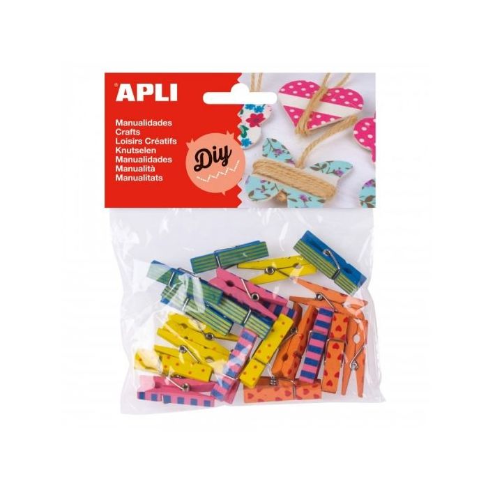 Apli Mini Pinzas de Madera - Estampados Surtidos - Ideal para Decorar y Sujetar Tarjetas, Fotos, Regalos y Mas - Colores Surtido