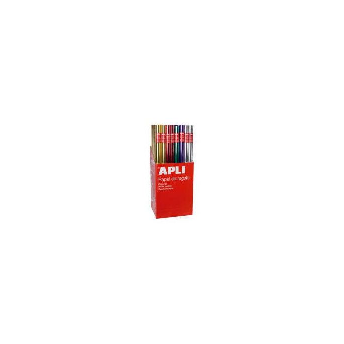 Apli Expositor de 55 Rollos de Papel Regalo Metalizado - 11 Rollos por Color - Medidas del Rollo 0.70x2m - Colores Lila, Oro, Pl