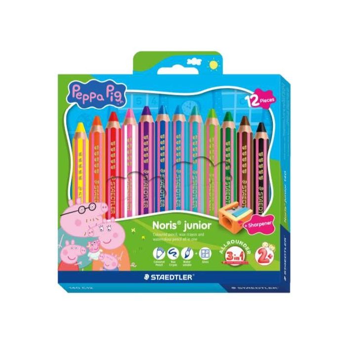 Staedtler Noris Junior Peppa Pig Pack de 12 Lapices de Colores Extragruesos + Sacapuntas - 3 en 1, Lapiz, Cera y Acuarelable - C