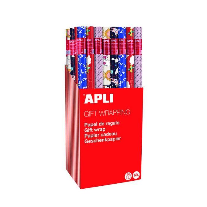 Apli Expositor de 55 Rollos de Papel Regalo Infantil - 11 Rollos por Color - Medidas del Rollo 0.70x2m - 5 Diseños