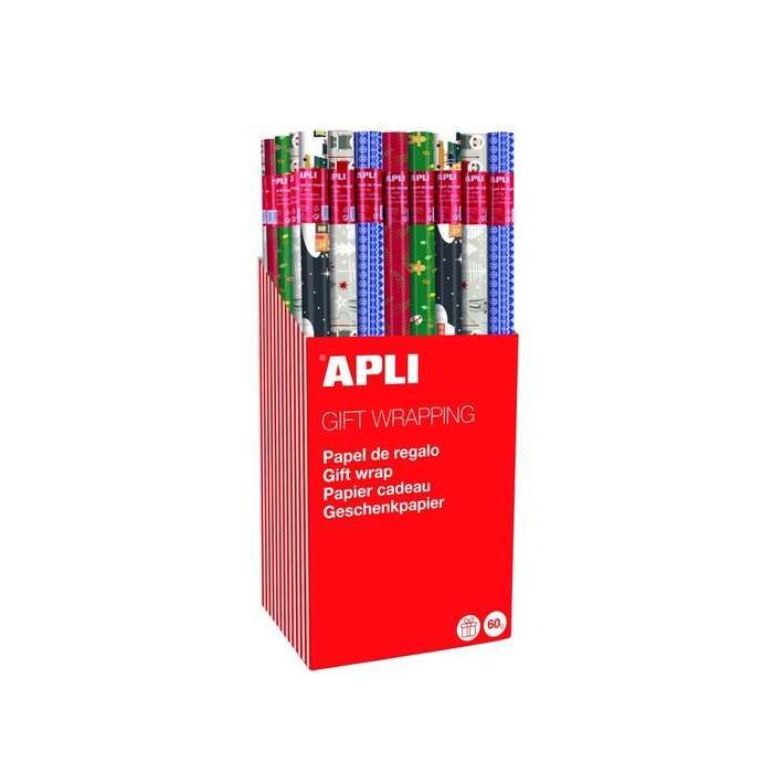 Apli Expositor de 55 Rollos de Papel Regalo Navidad - 11 Rollos por Color - Medidas del Rollo 0.70x2m - 5 Diseños