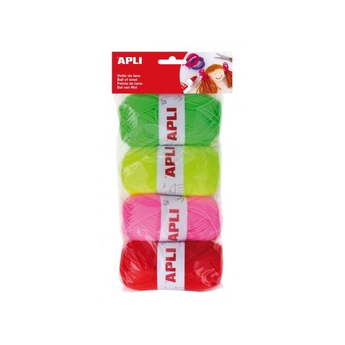 Apli Pack de 4 Ovillos de Lana Acrilica Fluor - Flexibles y Resistentes - Lavables a Maquina - Ideales para Manualidades y Tejid