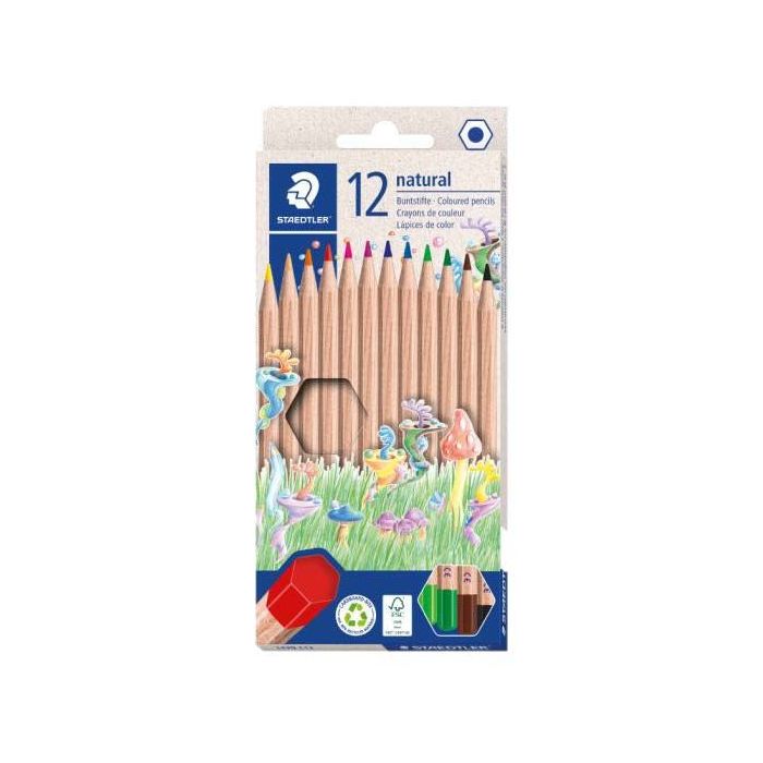 Staedtler Noris Natural Pack con 12 Lapices de Colores Hexagonales - Madera Certificada FSC - Cuerpo de Color Madera Natural