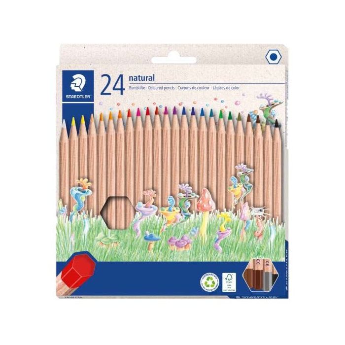 Staedtler Noris Natural Pack con 24 Lapices de Colores Hexagonales - Madera Certificada FSC - Cuerpo de Color Madera Natural