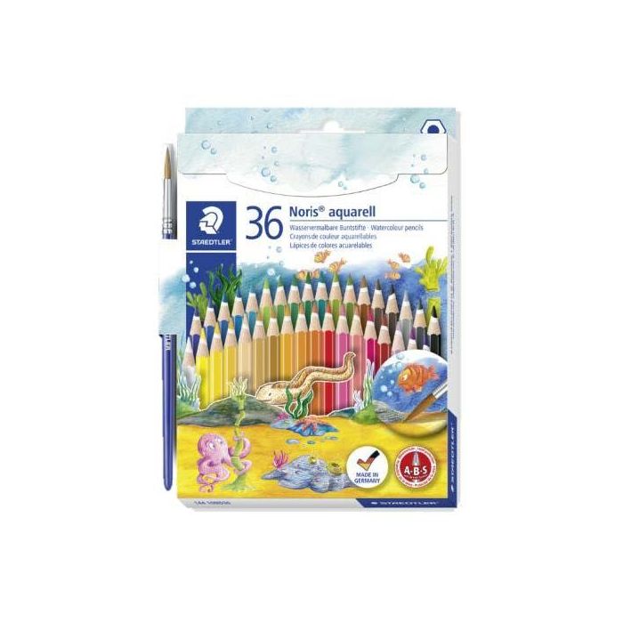 Staedtler Noris Aquarell Pack de 36 Lapices Hexagonales de Colores + Pincel - Refuerzo de Mina para Mayor Resistencia a la Rotur