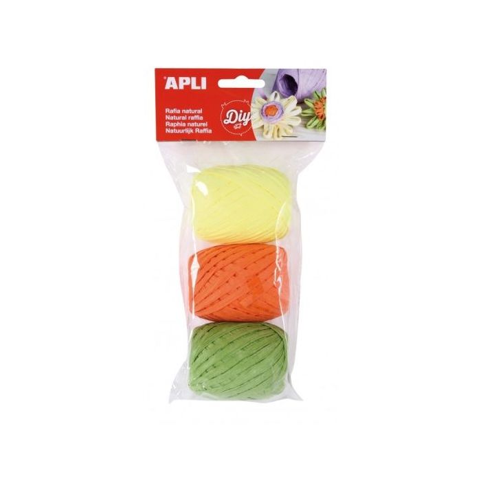 Apli Pack de 3 Ovillos de Rafia Natural Fluor - Ideal para Manualidades y Decoraciones - Versatil para Ramos, Velas, Tarjetas, B