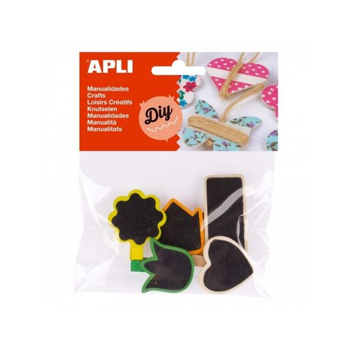 Apli Mini Pinzas de Madera con Formas en Acabado Pizarra - Flor - Tulipan - Flecha - Rectangulo - Corazon - Ideales para Decorar
