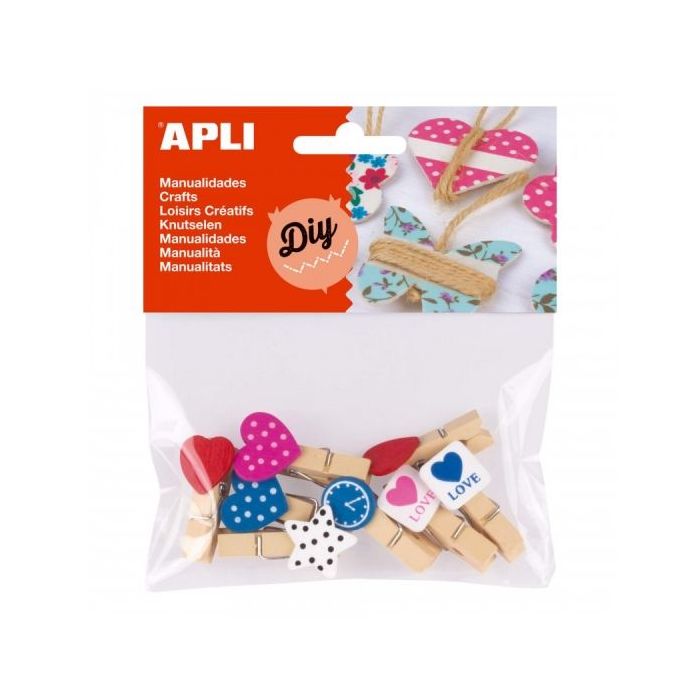 Apli Mini Pinzas de Madera - Formas Surtidas - Corazones, Estrella y Reloj - Ideales para Decorar y Sujetar Tarjetas, Fotos y Ma