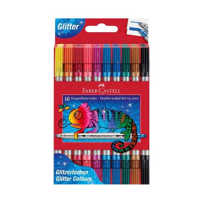 Faber-Castell Glitter Pack con 10 Rotuladores Doble Punta - Punta Gruesa y Fina - Tinta con Efecto de Purpurina - Tinta a Base d
