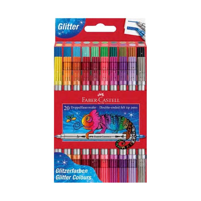 Faber-Castell Glitter Pack con 20 Rotuladores Doble Punta - Punta Gruesa y Fina - Tinta con Efecto de Purpurina - Tinta a Base d