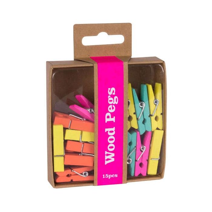 Apli Fluor Collection Pinzas de Madera - 15 Unidades de Colores Fluorescentes - Caja Kraft con Eurohole - Recambio para Exposito