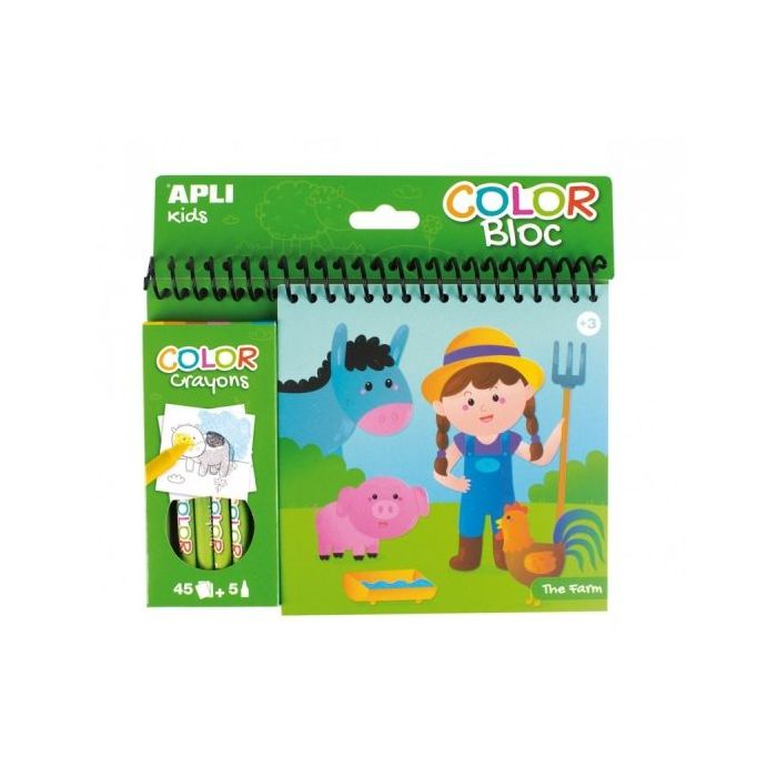 Apli Bloc de Dibujos de la Granja con Ceras - Ilustrado por Isabelle Nicolle - 45 Paginas - 5 Ceras de Colores - Ideal para Viaj
