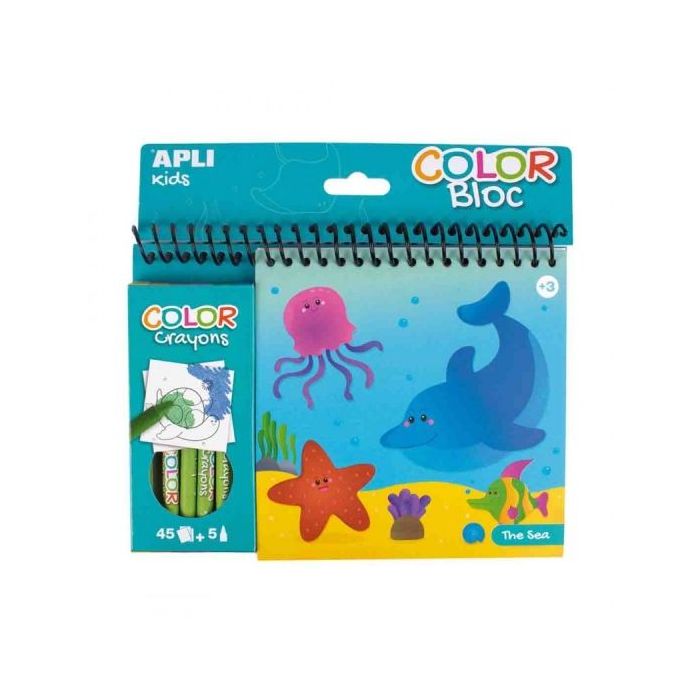 Apli Bloc de Dibujos del Mar con Ceras - Ilustrado por Isabelle Nicolle - 45 Paginas - 5 Ceras de Colores - Ideal para Viajes -