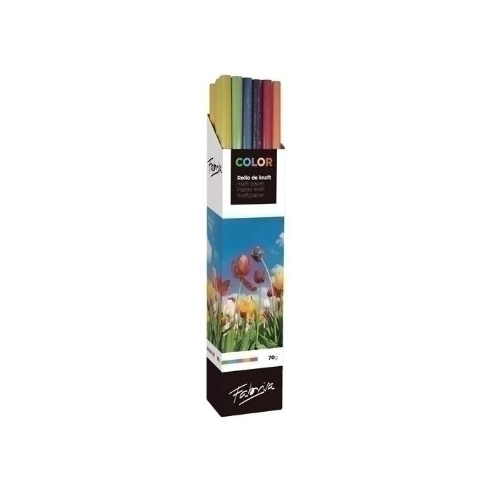Fabrisa Expositor de 20 Rollos de Papel Regalo - Papel Kraft Verjurado de 70gr - Medidas del Rollo 1x5m - Colores Surtidos