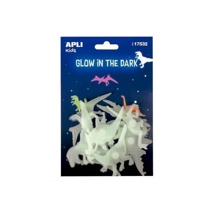 Apli Dinosaurios Luminiscentes 3D - Plastico Solido - Brillan en la Oscuridad - Adhesivo Permanente - Decoracion Versatil