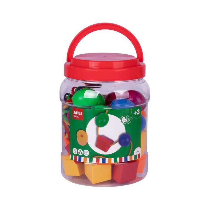 Apli Kit de Formas Ensartables - 40 Piezas - 4 Cordones de 90cm - 6 Formas Geometricas - Colores Surtidos - Bote de Plastico con