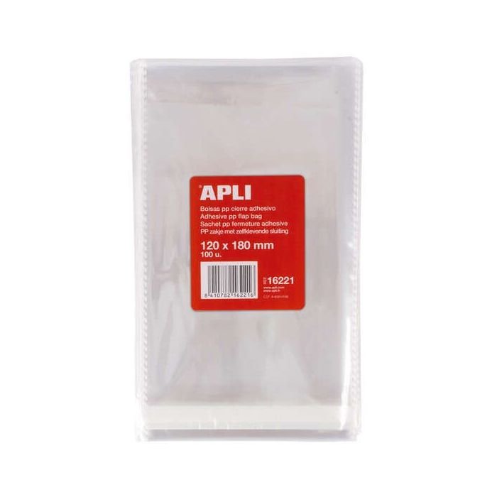 Apli Pack de 100 Bolsas Polipropileno Transparente con Cierre Adhesivo - Tamaño 120 x 180mm - Galga 120 - Alta Resistencia y Fle