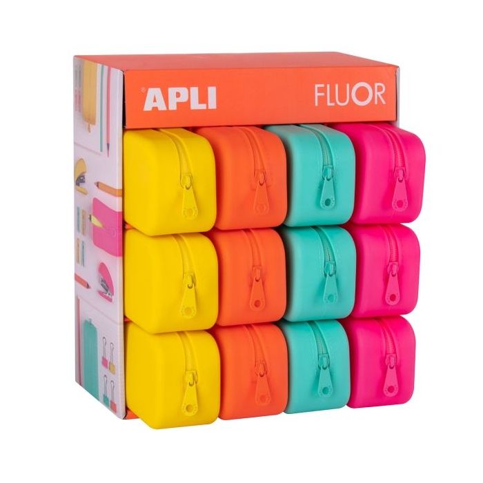 Apli Fluor Expositor de 12 Estuches de Silicona Rectangulares - Resistentes al Agua - Medidas 75x185x55mm - Colores Surtidos
