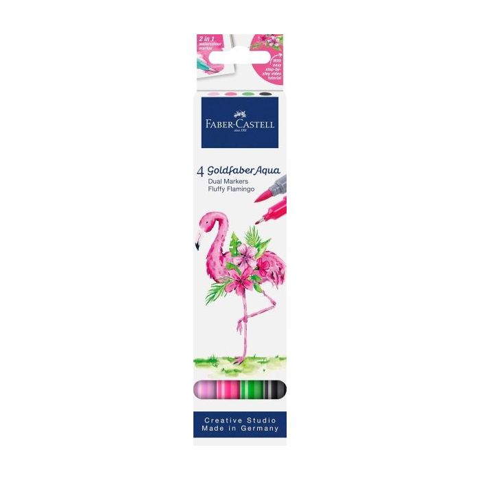 Faber-Castell Tropical Escapes Pack con 4 Rotuladores Goldfaber Doble Punta - Punta Pincel y Punta Fina 0.6mm- Solubles en Agua,