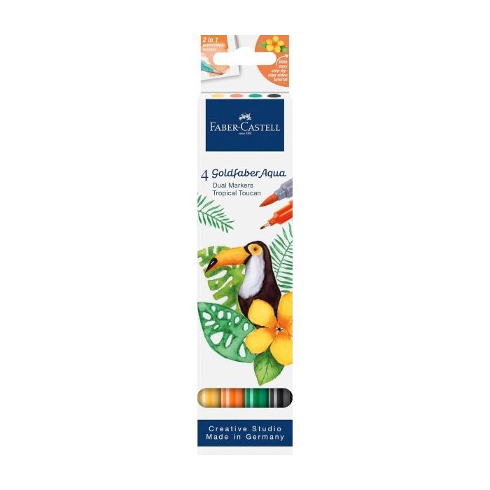Faber-Castell Tropical Escapes Pack con 4 Rotuladores Goldfaber Doble Punta - Punta Pincel y Punta Fina 0.6mm- Solubles en Agua,