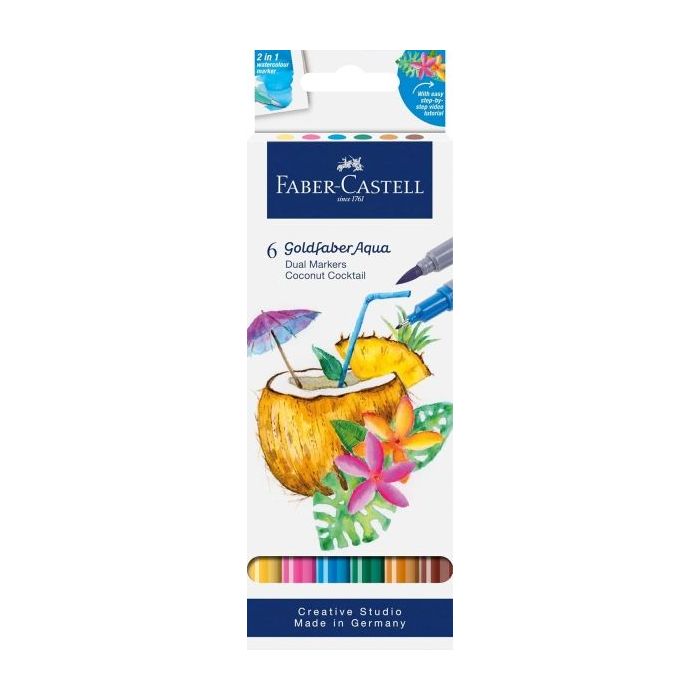 Faber-Castell Tropical Escapes Pack con 6 Rotuladores Goldfaber Doble Punta - Punta Pincel y Punta Fina 0.6mm- Solubles en Agua,