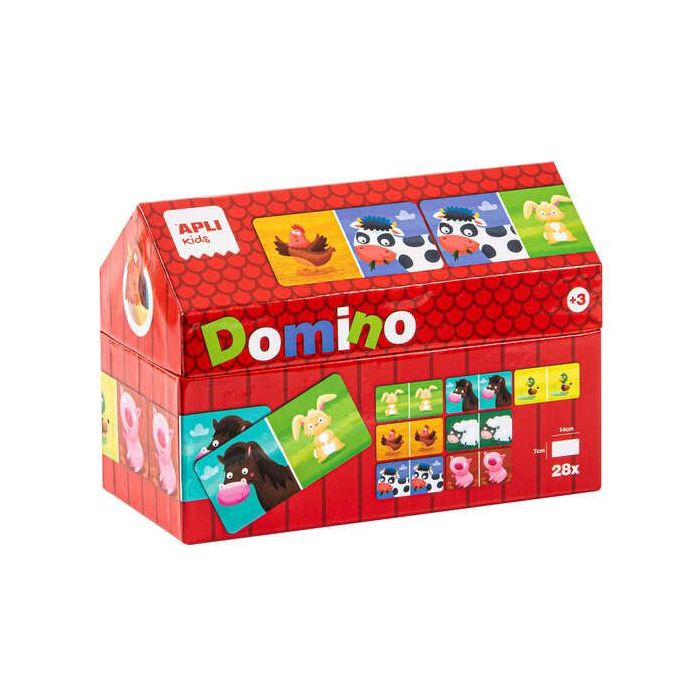 Apli Kids Domino de la Granja Ilustrado por Angelica Scudamore - 28 Piezas de 14x7 cm - Caja en Forma de Casita - Piezas Resiste