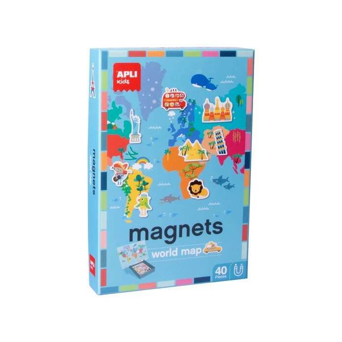 Apli Juego Magnetico Mapamundi - 1 Escenario Imantado 36 x 38 cm - 40 Fichas con Dibujos de Monumentos y Animales