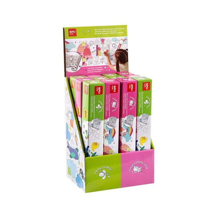 Apli Expositor de Rollos de Papel Adhesivo para Pegar y Colorear - Tamaño 30Cmx4M - 12 Rollos con Diseños de Transportes y Candy