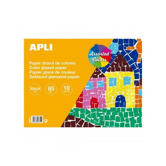 Apli Bloc con 10 Hojas de Papel de Charol 85gr - Ideal para Manualidades, Scrapbooking, Papiroflexia - Colores Surtidos