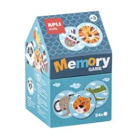 Apli Juego de Memoria Infantil - 24 Piezas Ø 8 cm - Dibujos de Animales Divertidos - Caja en Forma de Casita - Resistentes y Seg