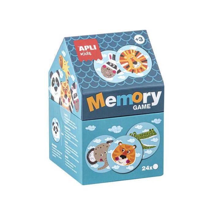 Apli Juego de Memoria Infantil - 24 Piezas Ø 8 cm - Dibujos de Animales Divertidos - Caja en Forma de Casita - Resistentes y Seg