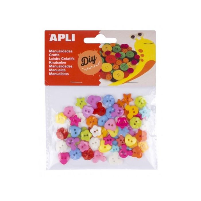 Apli Pack de 60 Botones de Plastico Surtidos - Formas Diversas - Ideales para Costura y Manualidades - Colores Surtidos
