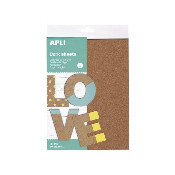 Apli Pack de 3 Hojas de Laminas de Corcho A4 - Natural y Ecologico - Facil de Cortar y Pintar - Ideal para Manualidades y Bricol