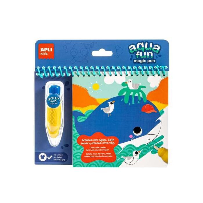 Apli Bloc Pinta y Colorea con Agua Marino - Block con 6 Laminas de Dibujo - Pincel Recargable con Agua - Colorea Una y Otra Vez