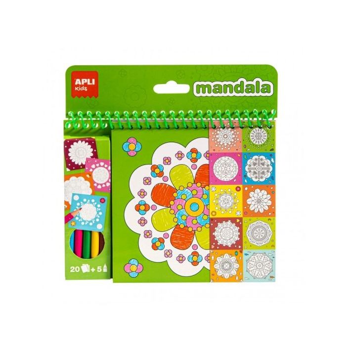 Apli Bloc de Dibujos con Mandalas y Lapices de Colores - 20 Paginas - 5 Lapices - Ideal para Viajes - Estimula Creatividad y Con