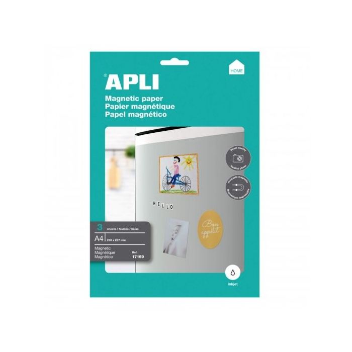 Apli Pack de 3 Hojas de Papel Magnetico A4 - 650gr - Apto para Impresoras Inkjet - Facil de Usar - Ideal para Imagenes Personali