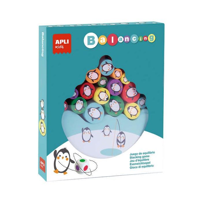 Apli Juego de Equilibrio de Pingüinos - 16 Piezas de Madera de Alta Calidad - Base en Forma de Iceberg - Dado con Colores - 3 Ta